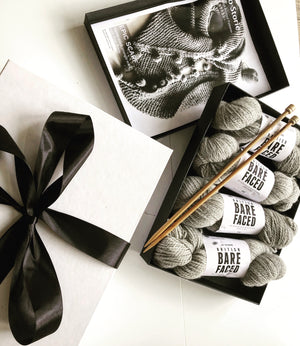 Open image in slideshow, Garter Stitch Triangle Scarf , knit kit with Pom Poms in gift box
