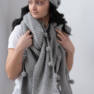 Garter Stitch knit Triangle Scarf with Pom Poms